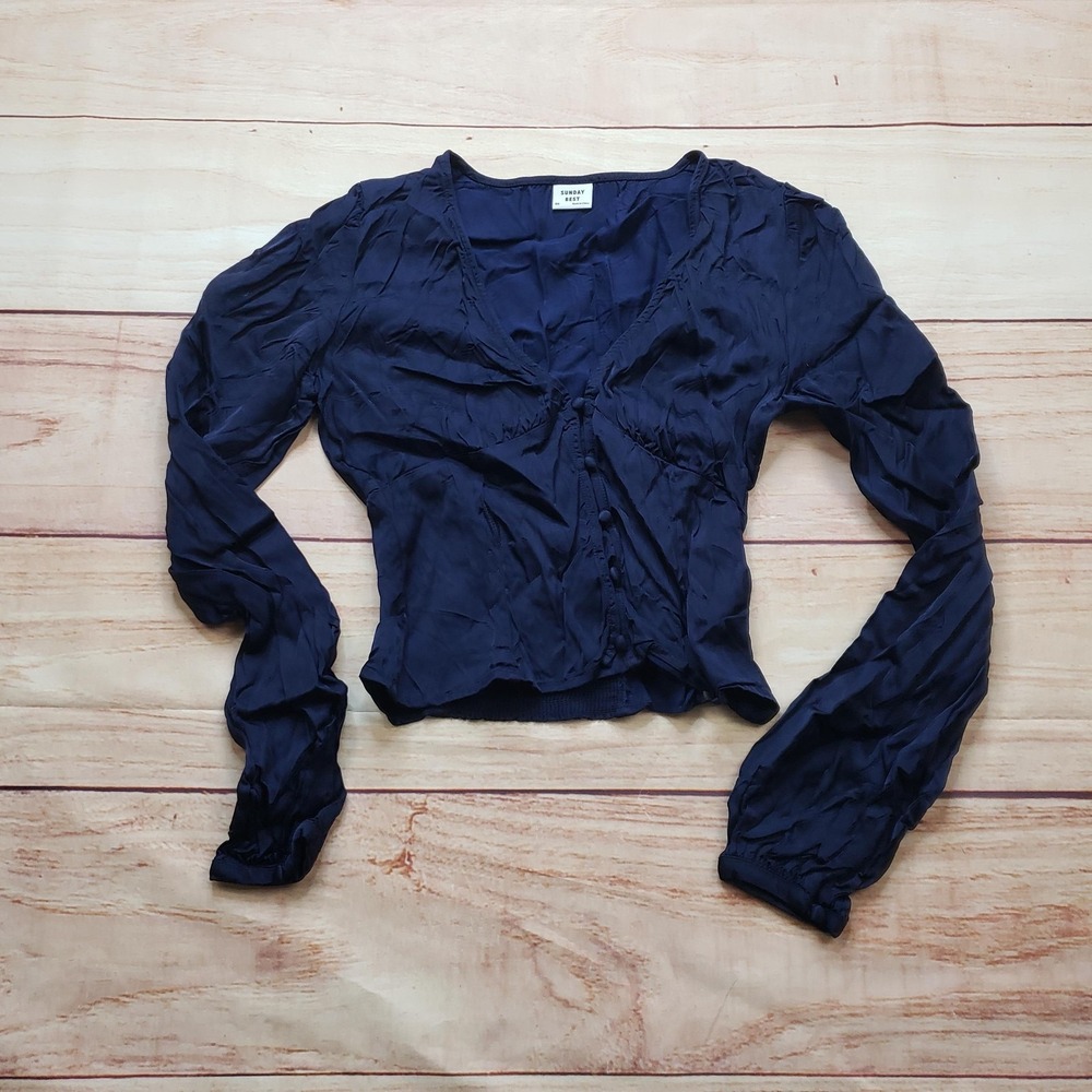 Sunday Best Aritzia Blouse Womens 00 Blue Cropped Puff V-Neck Button Ruffle